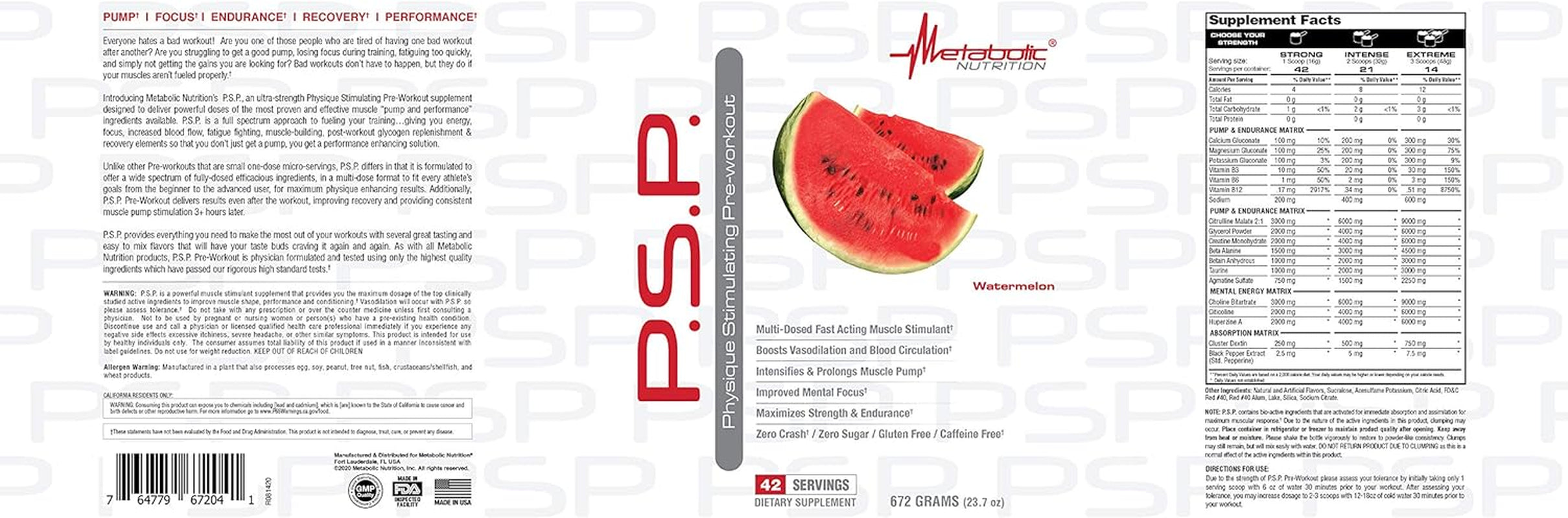 P.S.P. Physique Stimulating Preworkout 672G Zero Sugar Caffeine Free (Watermelon)