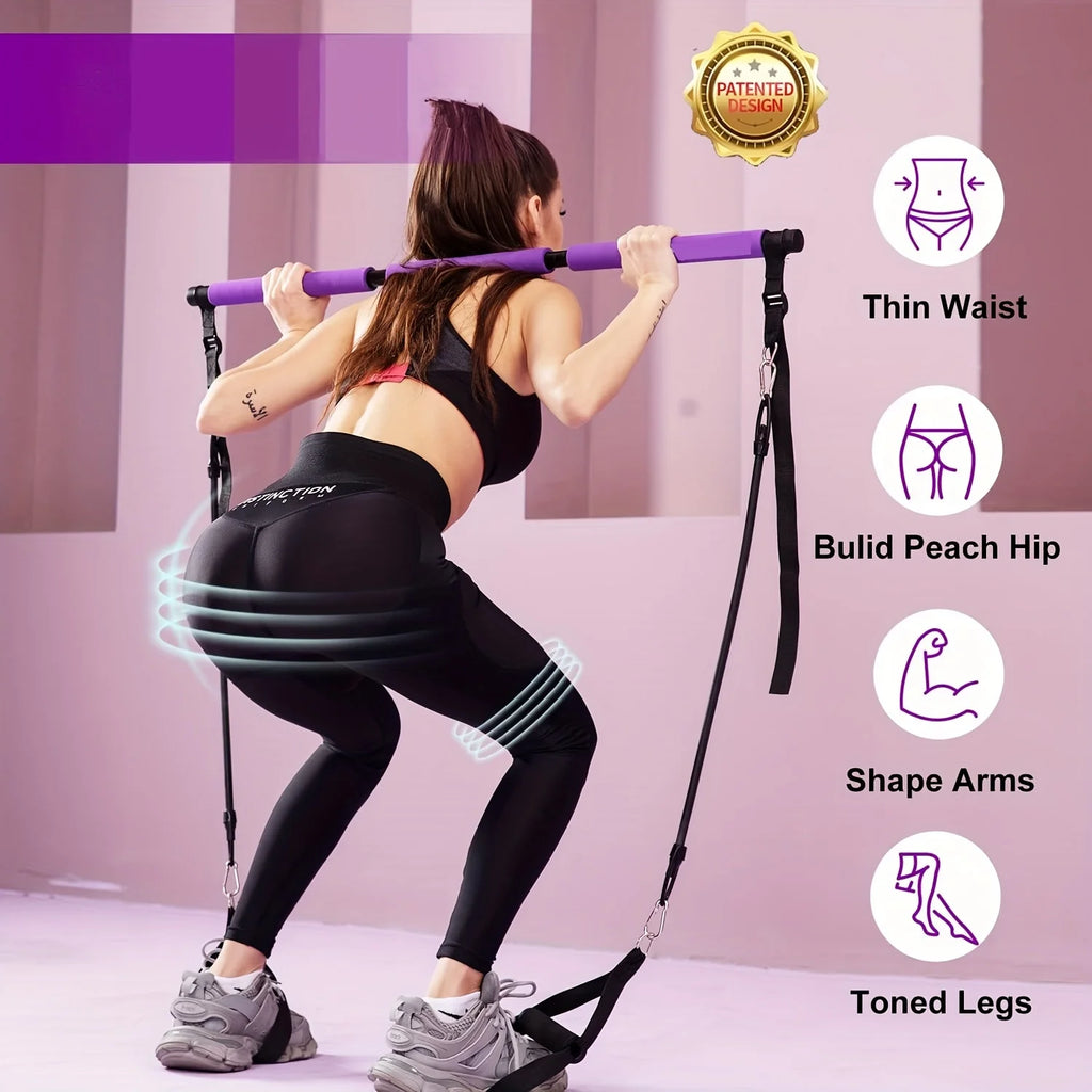 Fitness Pilates Bar Kit Resistance Bands with Ab Roller for Abs Workout Core Strength Training Equipment Portable Home Gym